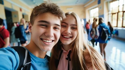 Obraz premium A joyful selfie of two young individuals possibly students smiling brightly at the camera with a lively school corridor filled with other students in the background.