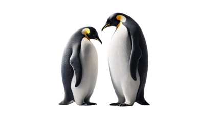 Two realistic Emperor penguins on a transparent background, one standing upright and the other bending down