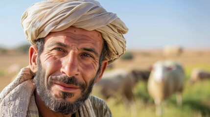 An elderly man with a white turban and a gray beard standing in a field with sheep looking directly at the camera with a slight smile.