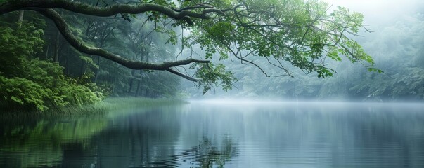 Fototapeta premium Misty forest lake with overhanging tree branch, tranquil nature scene