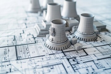 Detailed 3D printing models of industrial structures rest atop complex blueprints, highlighting engineering precision