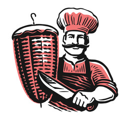 Cook with knife and skewer of meat shawarma. Kebab, fast food, emblem or logo. Vector illustration