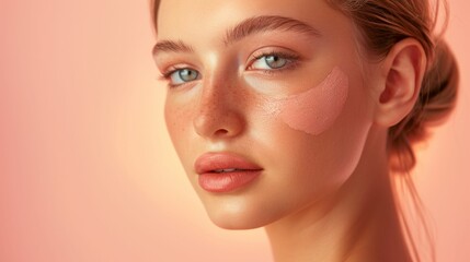 Naklejka premium A close-up of a woman's face with a soft glowing complexion featuring rosy cheeks a subtle pink blush and a hint of freckles set against a warm soft-focus background.