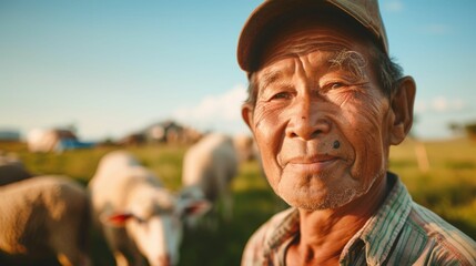 An elderly man with a hat smiling standing in a field with sheep in the background.