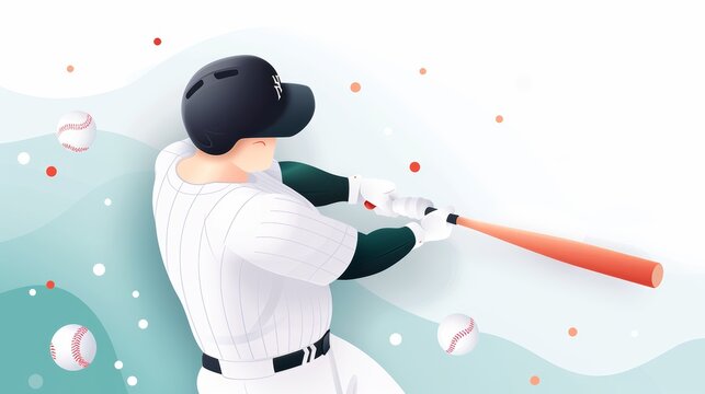 Flat design sports trading card template, top view, featuring a cartoon baseball player in vivid colors, surrounded by bold graphics and stats