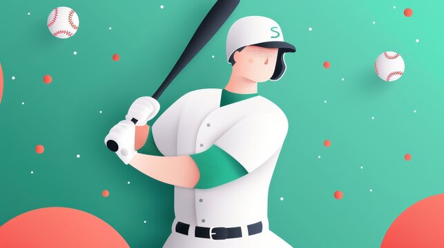 Flat design sports trading card template, top view, featuring a cartoon baseball player in vivid colors, surrounded by bold graphics and stats