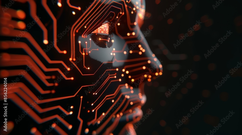 Poster glowing circuit board inside an abstract digital human head, data streams around, showcasing ai and 