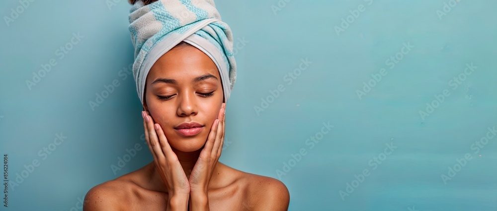 Wall mural Young woman with a towel wrapped around her head, eyes closed, and hands on her face against a light blue background. Ideal for skincare, beauty, or wellness promotions. Great for marketing materials 