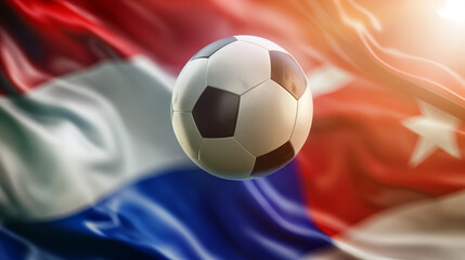 Ball for football and soccer on background of Singapore flag, as well as fabric similar to flags of Netherlands, Paraguay, Croatia