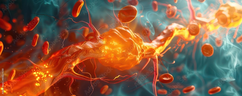 Poster close-up view of a vibrant neuron with synapses, neural connections, and energy pulses, set against 