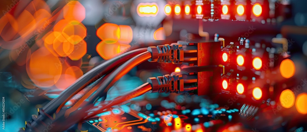 Poster close-up of network cables and led lights in a data center. high-tech and futuristic atmosphere with