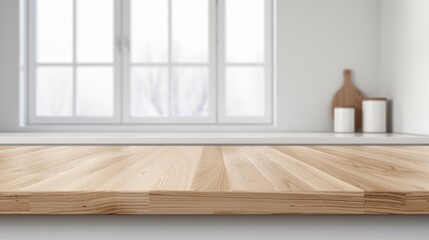 Fototapeta premium Kitchen countertop in a bright, modern home, light wood texture, empty and ready for product display, large window in the background, clean and minimalistic design