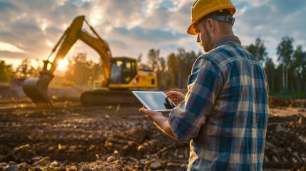 Industrial worker male senior in helmet holds tablet computer on background of production of escovator factory.