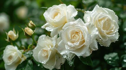 Obraz premium Macro shots of rain soaked white roses in the garden
