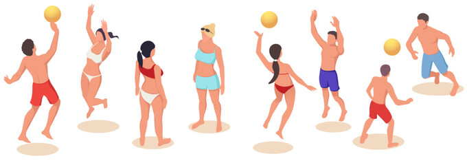 People playing beach volleyball on a white background. Concept of outdoor summer activity. Vector illustration