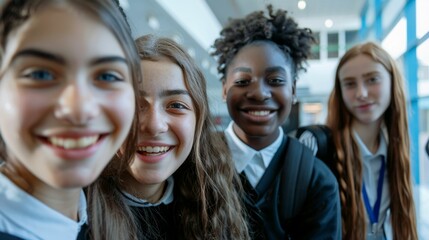 Obraz premium A group of four young girls with different hair colors smiling and posing together likely in a school setting as suggested by their uniforms and the presence of a backpack.