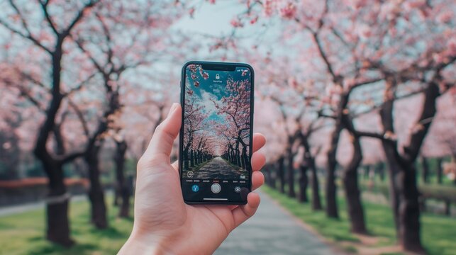 AI generator image of  
Beautiful green field with cherry blossoms Hands holding iPhone 15 pro blue, scattered cherry blossoms, park, taking street photography using pastel colors