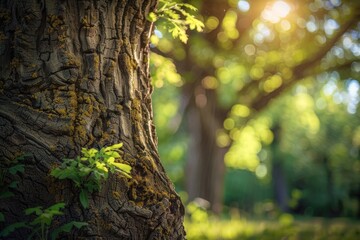 A macro shot of textured bark on a majestic oak tree in a mystical forest.