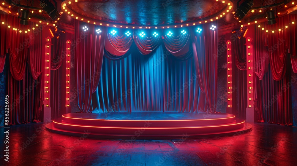 Poster empty theater stage with red curtains and colorful spotlights in a dramatic setting