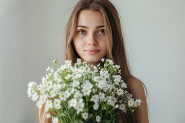 Fototapeta premium A beautiful young woman holding a bouquet of white flowers, with a reflective expression conveying serenity and harmony
