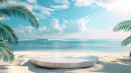 Fototapeta premium White stone podium on summer beach background, Empty podium for product presentation with palm leaf on seascape