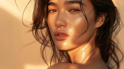 A magazine cover shot of a woman with radiant skin and a tranquil expression