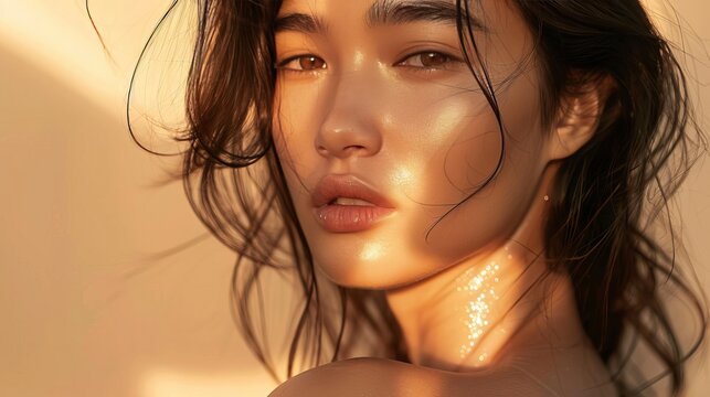 A magazine cover shot of a woman with radiant skin and a tranquil expression