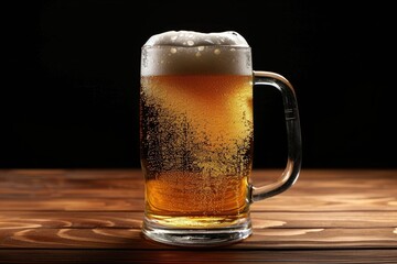 Fresh cold beer in a glass on wooden table on black background.