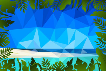 Low poly illustration tropical palm trees and sunshine on dawn background