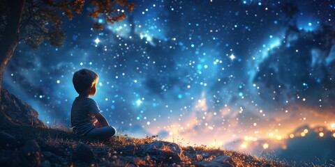 Dreamy night scene of a child looking at the stars