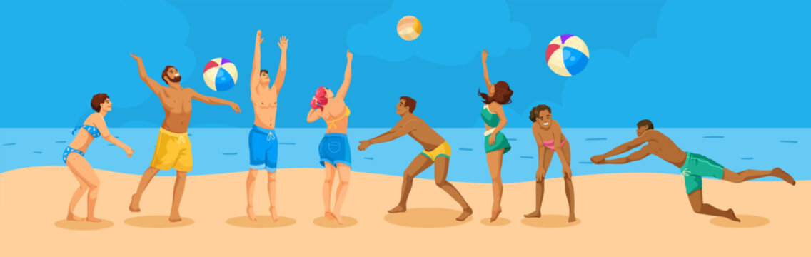Group of people playing beach volleyball. Colorful illustration on a beach background. Concept of summer activities. Vector illustration