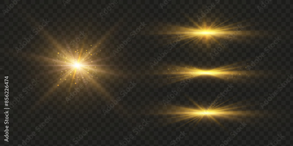 Poster light rays of light horizontal golden color with glare and flashes isolated on a transparent backgro