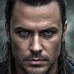 Obraz premium Close-up portrait of a man with dark hair and intense eyes