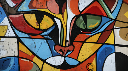 painting of a cat with a colorful face on a wall