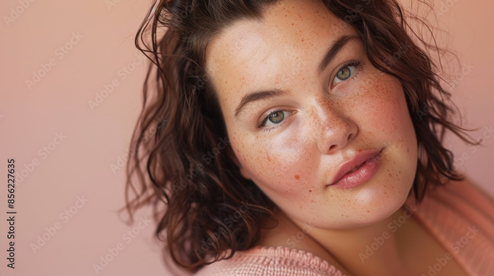 Sticker A close-up of a young woman with freckles green eyes and wavy brown hair wearing a pink top against a soft pink background.