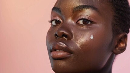 A close-up of a person with a glossy complexion a single tear on their cheek and a soft expression set against a pink background.