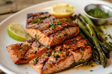 A beautifully arranged plate of grilled salmon with a side of asparagus