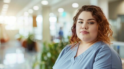 Obraz premium Young woman with curly red hair wearing a light blue scrubs top standing in a well-lit modern office environment with blurred greenery in the background.