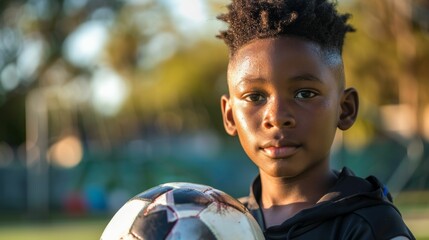 Naklejka premium Young boy with a focused expression holding a soccer ball standing in a park with trees and a fence in the background during a sunny day.