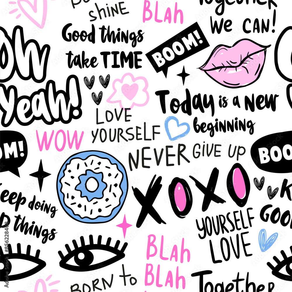 Poster abstract seamless pattern with graffiti words and cool stickers on retro style. cool colorful backgr
