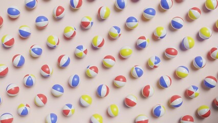 A top view render of 3D beach balls arranged in a diagonal pattern. The vibrant balls create a lively and dynamic visual across the composition, adding a playful rhythm and summery vibe to the scene.