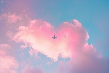 pink cloud in the sky in shape of a heart and a plane piercing it through, dreamy pink lilac pastel blue color palette, soft focus 