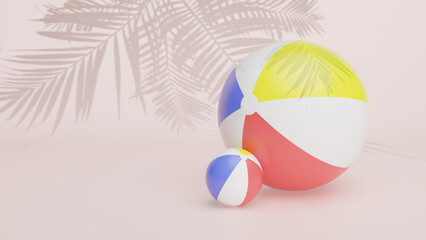 A horizontal frame featuring two beach balls, one larger than the other, with a palm tree shadow in the background. There is ample copy space on one side of the composition.
