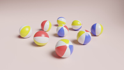 A horizontal frame featuring nine beach balls arranged in a grid pattern on a clear background. The...