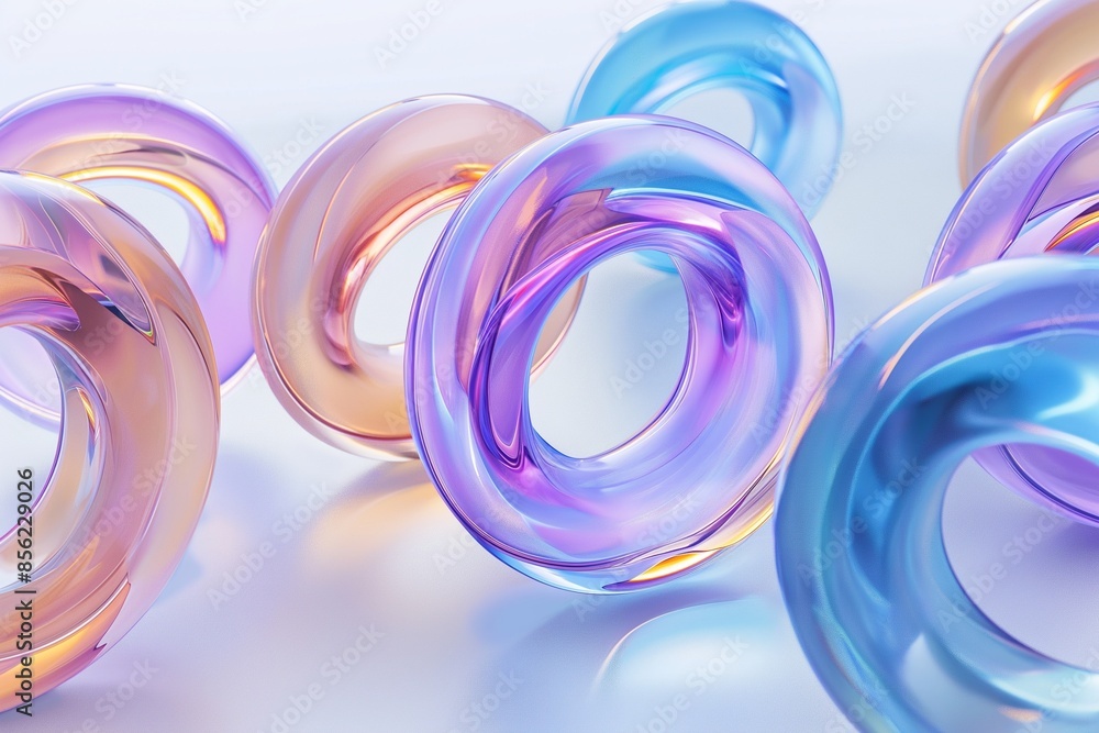 Poster 3d rendering of a set of iridescent glass rings floating in space on a white background, highlightin