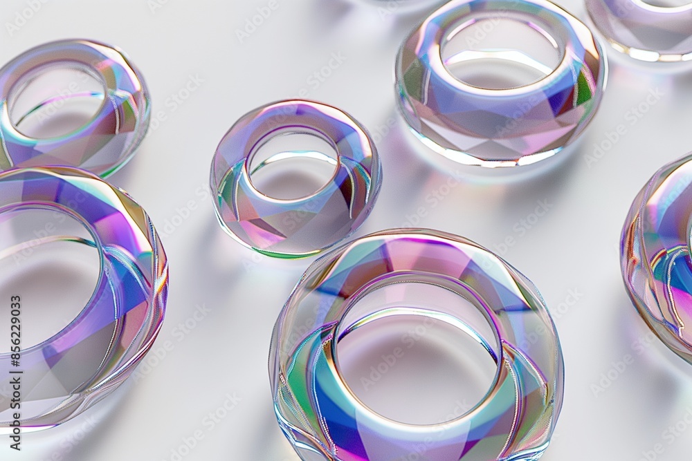Aufkleber 3d rendering of a set of iridescent glass rings floating in space on a white background, highlightin