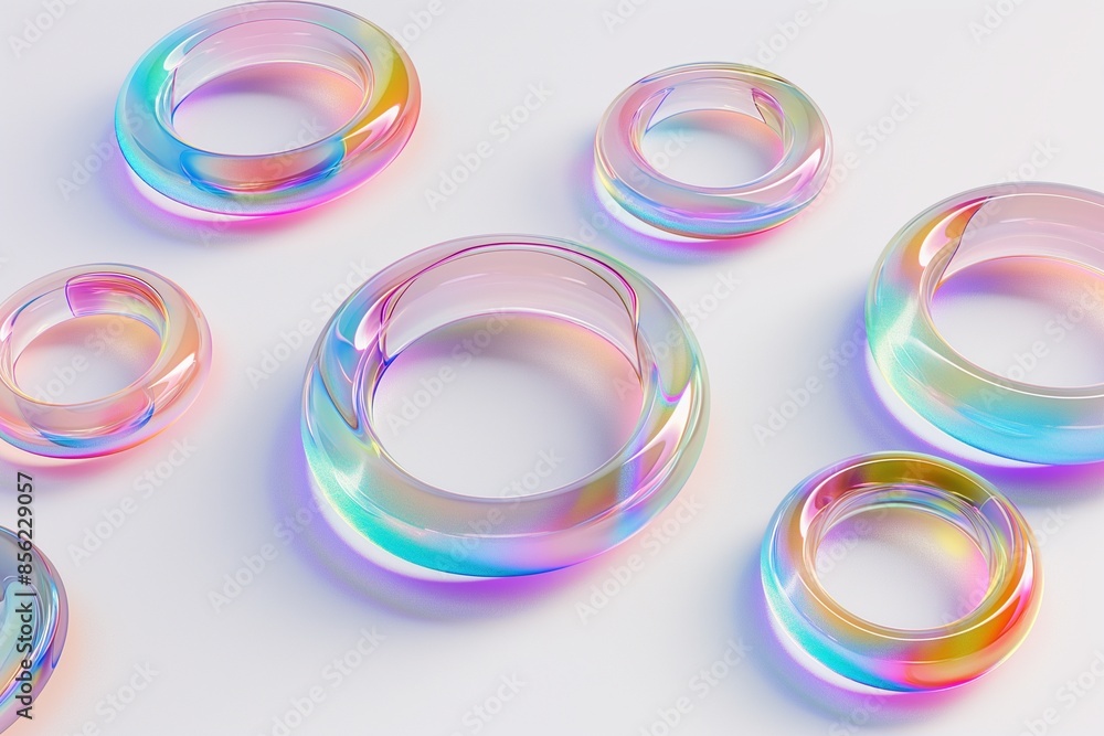 Aufkleber 3d rendering of a set of iridescent glass rings floating in space on a white background, highlightin