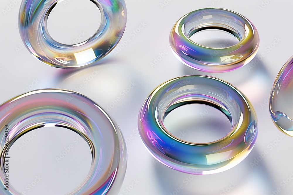 Poster 3d rendering of a set of iridescent glass rings floating in space on a white background, highlightin