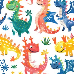 Obraz premium Pattern of funny colorful dinosaurs in the style of a children's drawing on a white background. Printing on fabric, paper, packaging. Wallpaper, children's clothing, bed linen, children's room decor.