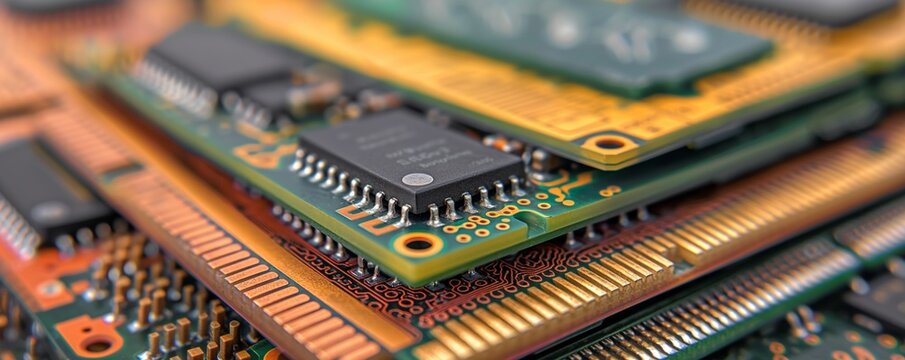 A macro photo of computer memory chips with sharp details, highlighting the intricate designs of technology